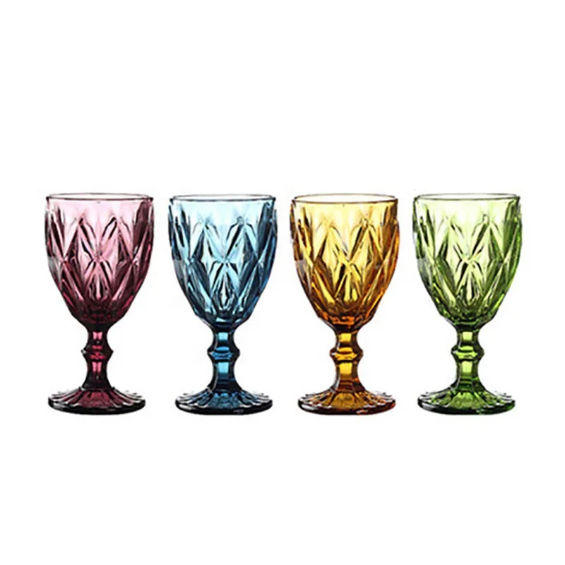 4pcs Colorful Embossed Goblet Glass Retro Red Wine Cup Household Heat-resistant Thickened Goblet European Mug For Pub