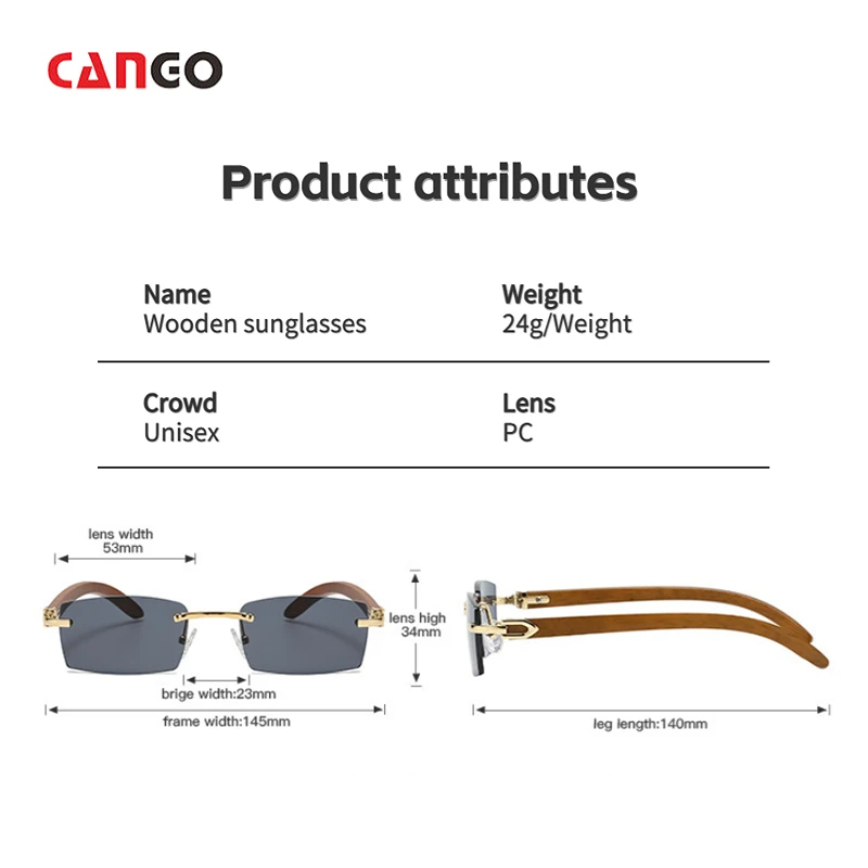 High quality Uv Protection Fashion vintage wooden rimless sunglasses men rectangle uv400 eyewear acetate sunglasses wholesale