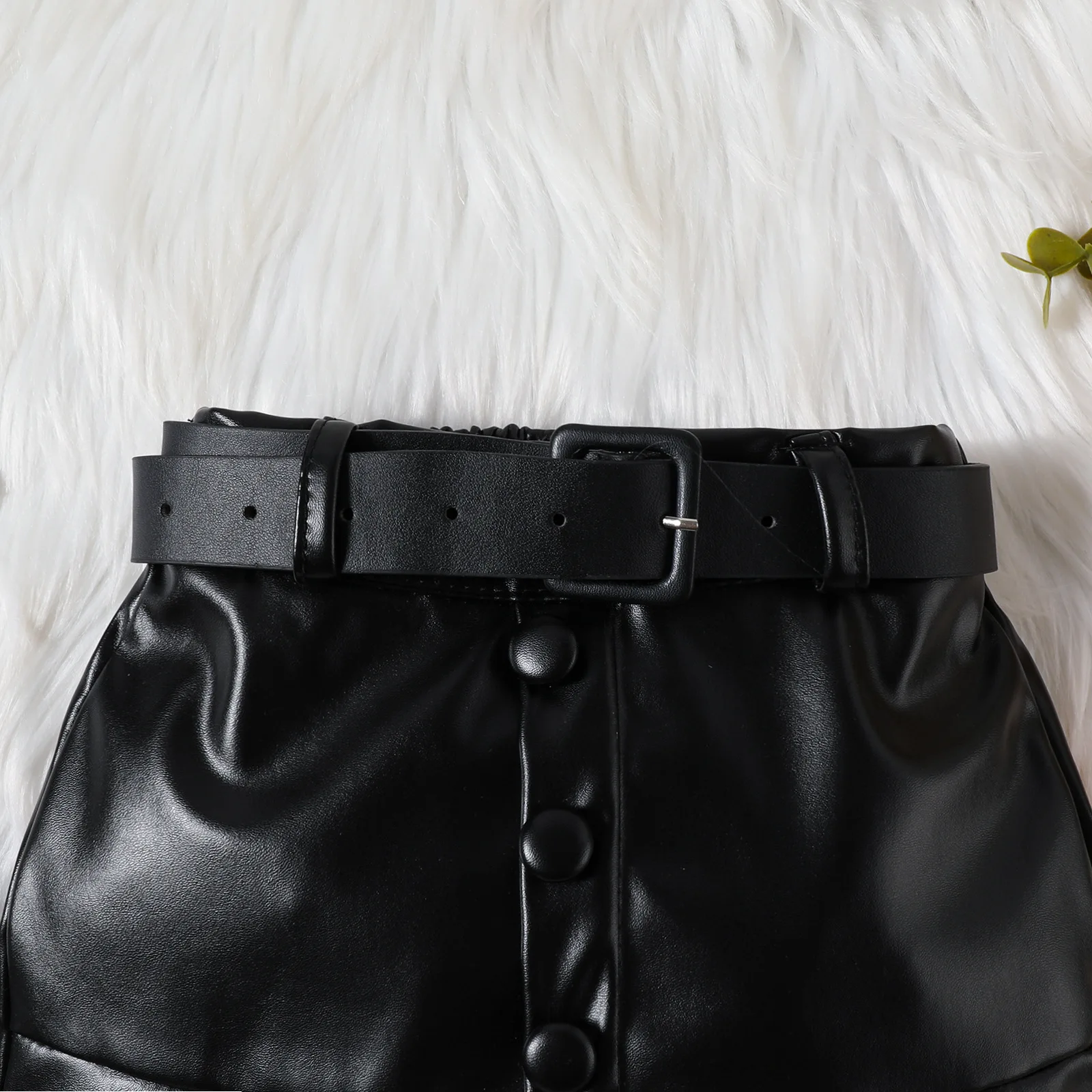 2024 Spring Autumn Girls Clothing Solid Color High Neck Long Sleeve Top PU Leather Pleated Skirt Belt 3Pcs Children Clothes