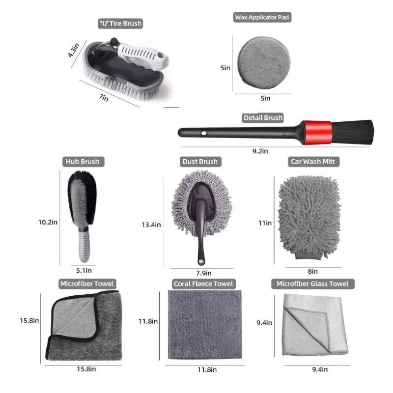 9 Pcs Car Wash Microfiber Towels Set Tire Brushes Car Cleaning Kit Set for Exterior Interior Cleaning Tools