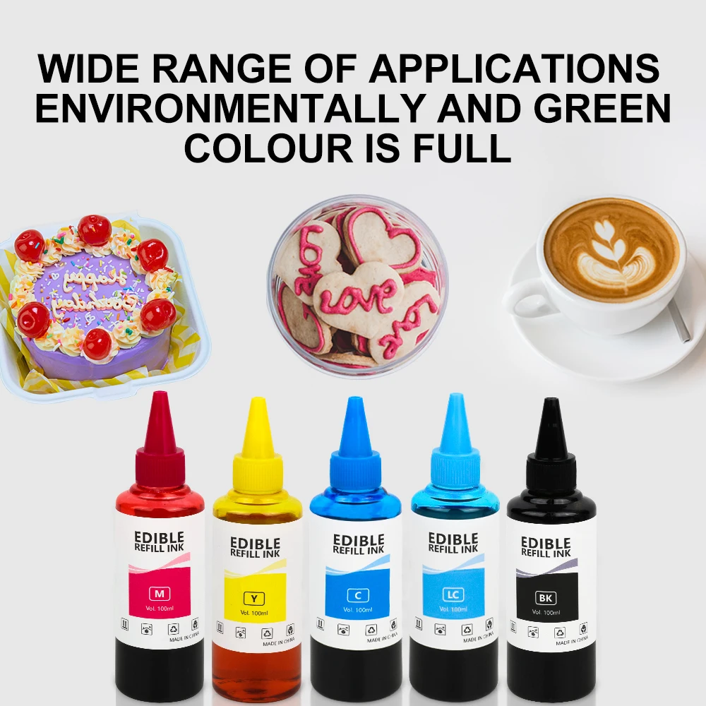 Support Wholesale Custom Label Pack 5 Color Food Ink 100ml Bottle Edible Ink For Cake Coffee Printers