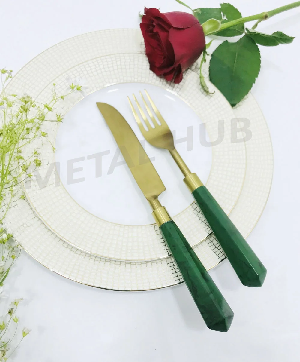 Stainless Steel Gold Flatware Set W/Green Handle S/5 & 7 Pcs. place setting, Flatware Set, Wedding Party Set