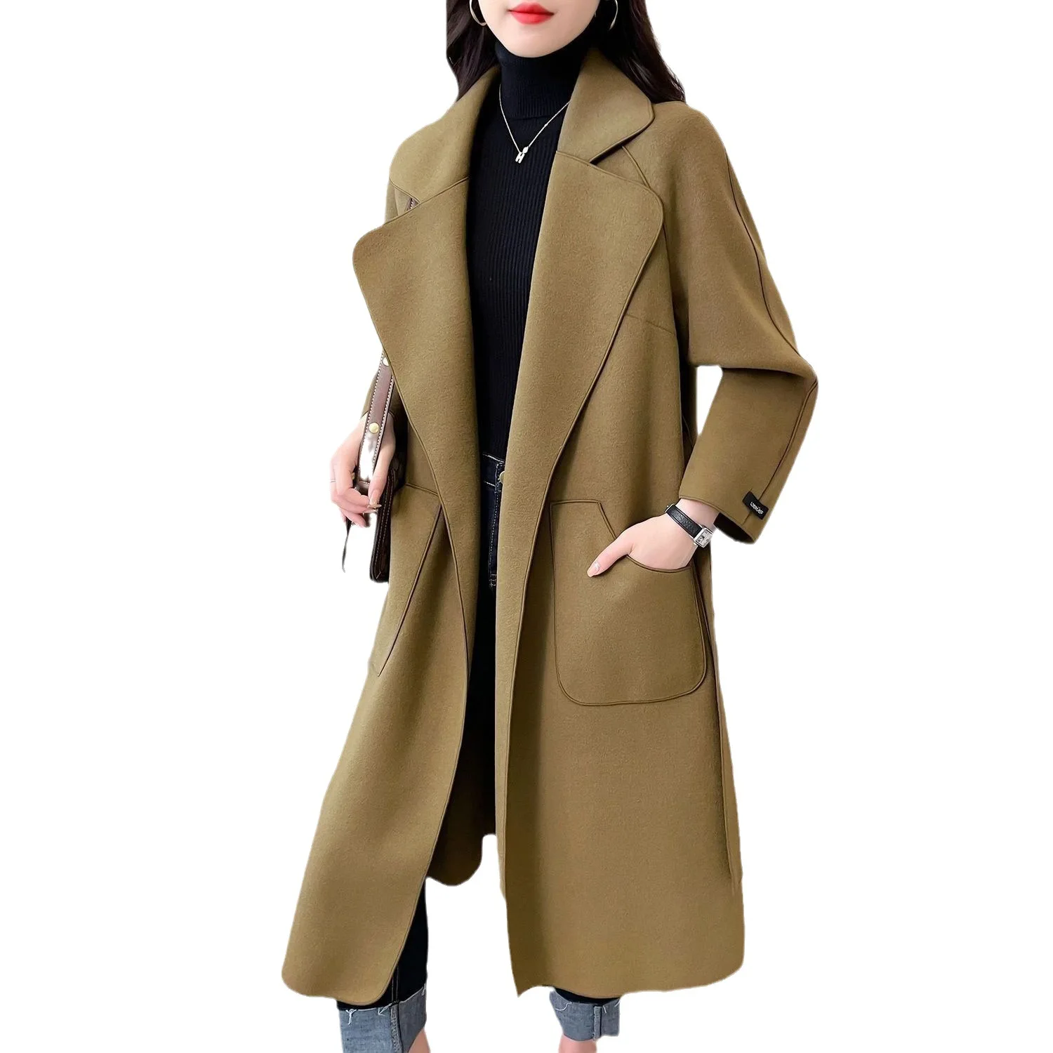 2023 Autumn Winter Women Long Sleeve Loose Woolen Coat Lady Solid Color Medium Long Double-face Cardigan Lapel Soft Woolen Coat