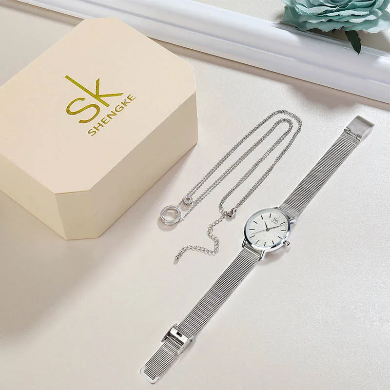 SHENGKE SK Luxury Jewelry Watches Set Bracelets & Bangles Watch Earring Necklace Jewelry Sets Box Dress Watches Sets Women SEIKO