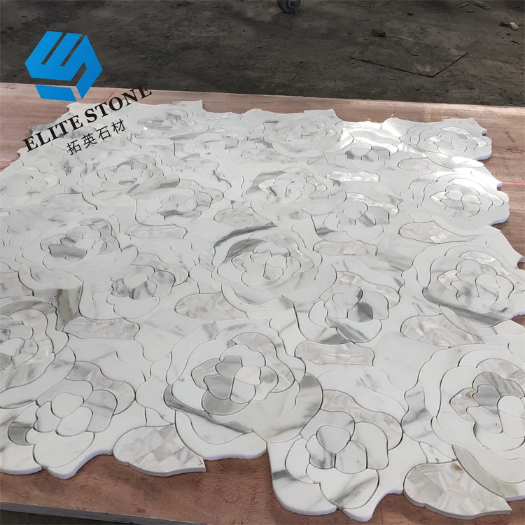 waterjet cut white marble mosaic tiles flower pattern stone mosaic for bathroom wall design