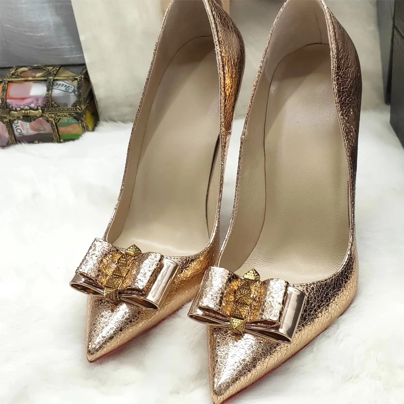 
Wholesale Gold Bow pointed toe Sexy High heels 8/10/12 cm Stiletto rivet studded pumps women shoes large size size 43 45 