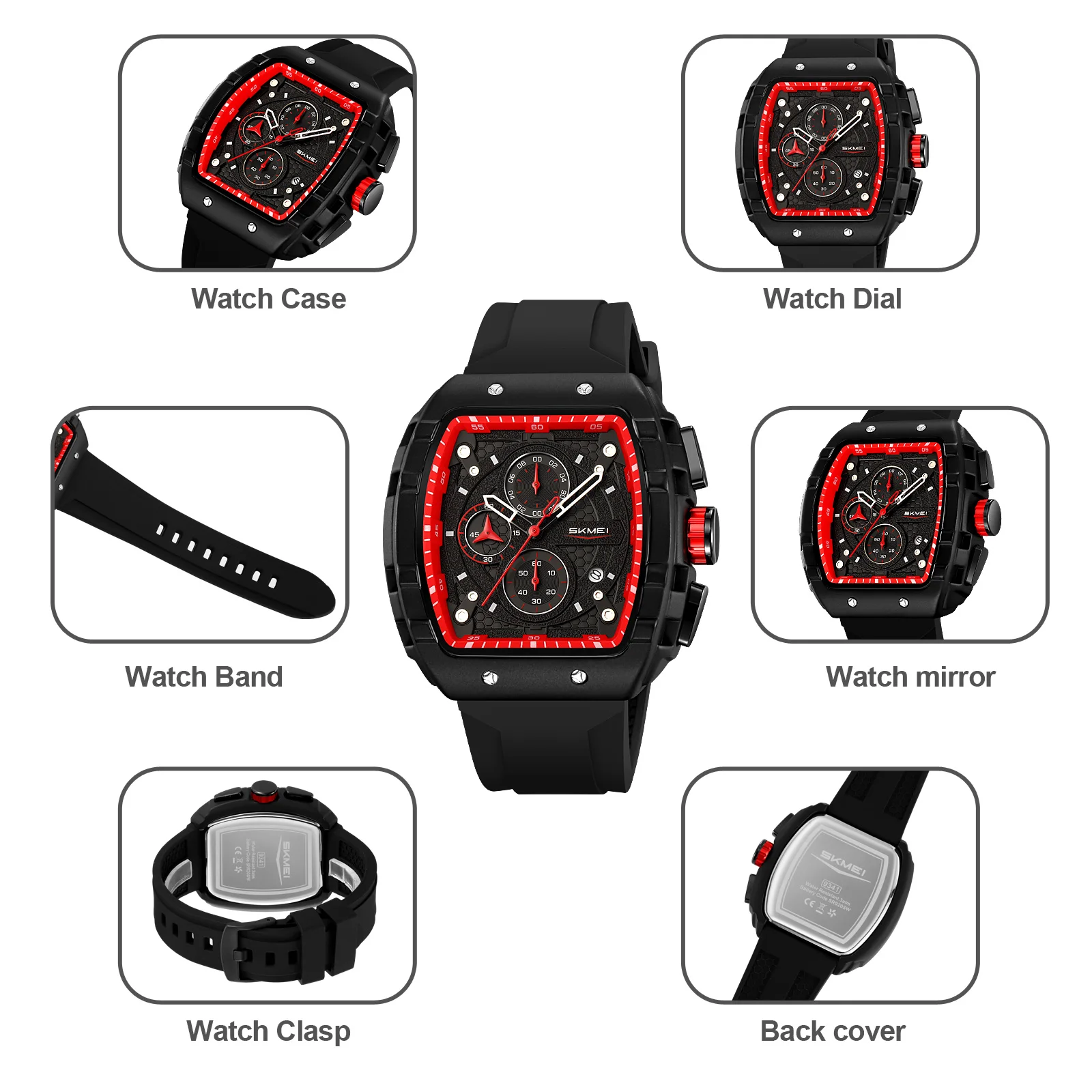 SKMEI 9341 Six-Pin Sports Watch with Large Dial Unique Rectangular Hollow Design Quartz Wristwatches with Chronograph Auto Date