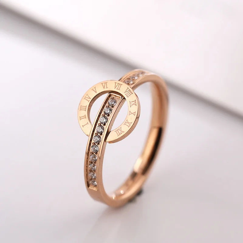 Amzaon Stylish Gold Plated Roman Numerals Full Diamond Band Rings No Fade Stainless Steel Round Circle Rhinestone Stacking Rings