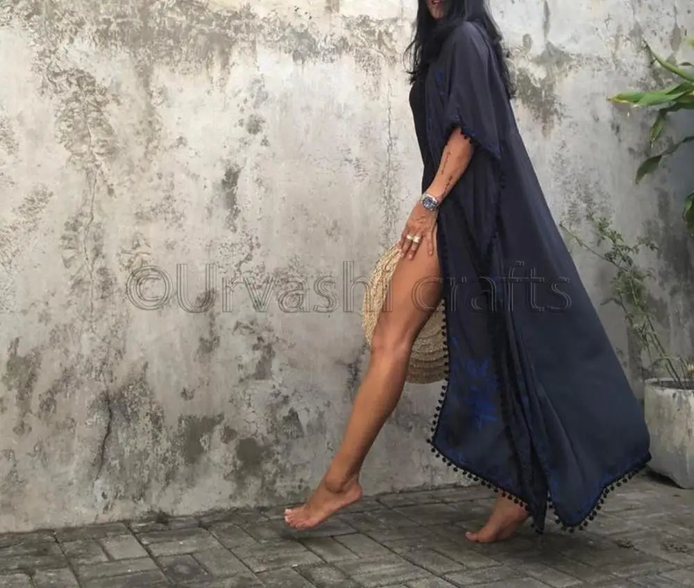 Women Stylish Hand Embroidered with Pom Pom Black Lace Open Front Long Kimono Beach Cover Up