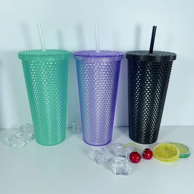 650ml double wall plastic Straw cup Rivet matte studded tumbler star buckes  cup LOGO custom