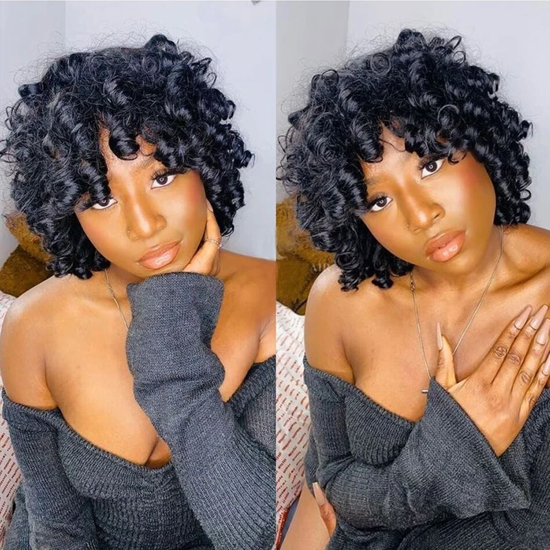 Fumi Human Hair Wig With Bangs Full Machine Made Short Bob Rose Curly Brazilian Water Wave Wigs For Black Women