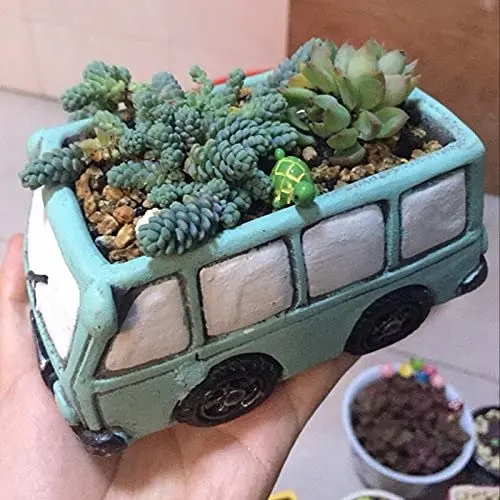 Green Bus Succulent Planter Pots, Small Plants Pot with Drainage Hole, Flower Pots Plant Containers