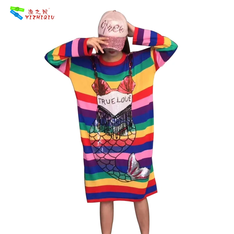 YIZHIQIU casual sequin mermaid rainbow striped winter women long sleeve sweater dress 2019