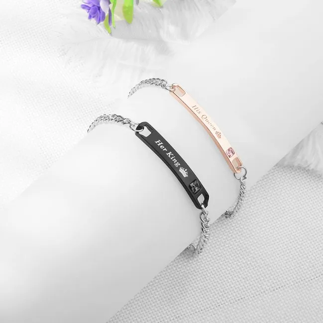 Hot Selling Lettering Bracelet His Queen Her King Trendy Fashion Simple Crown Couples Crystal Bracelet
