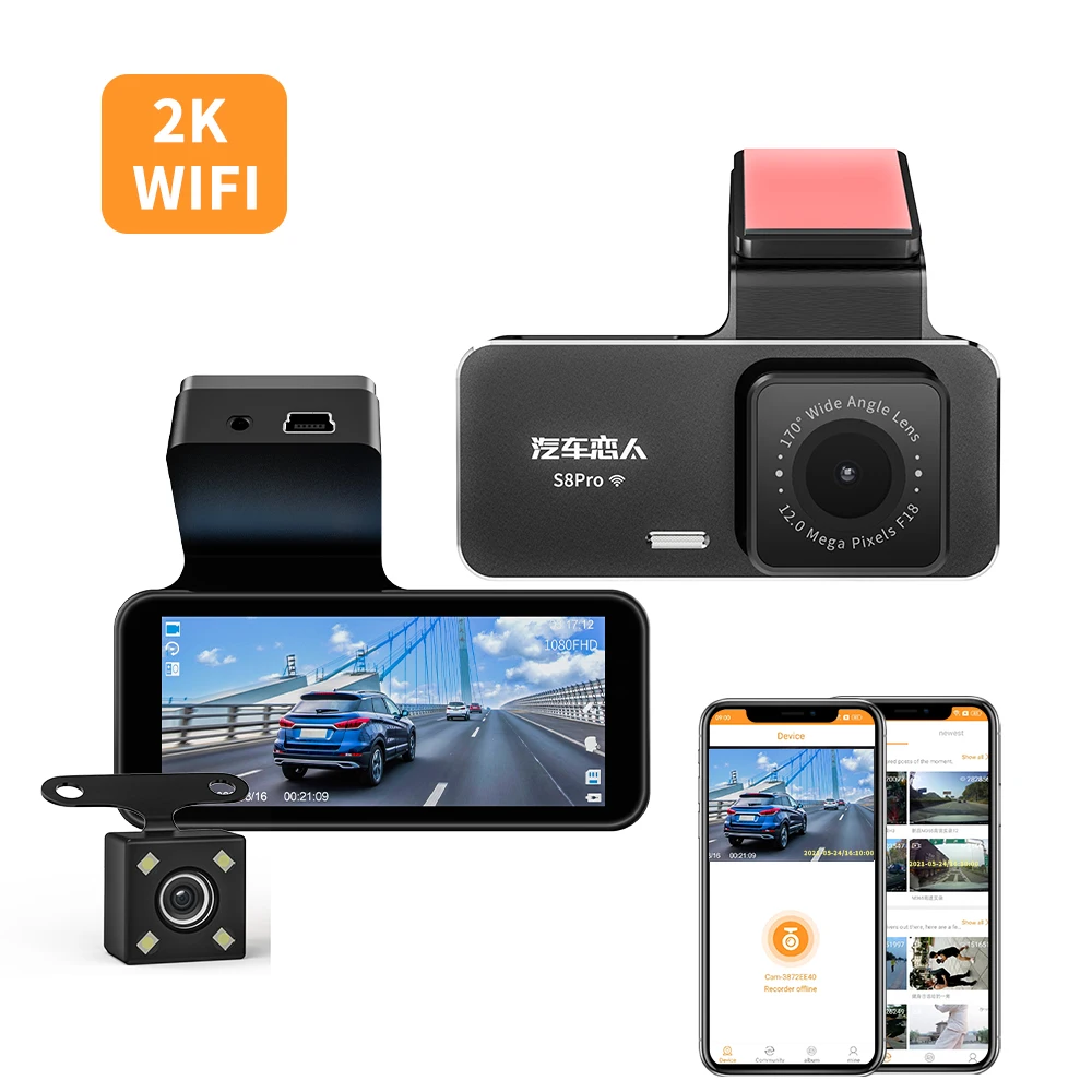 Dual Lens 2K WiFi Night Vision Dashcam for cars Monitor Sensor Dash Camera