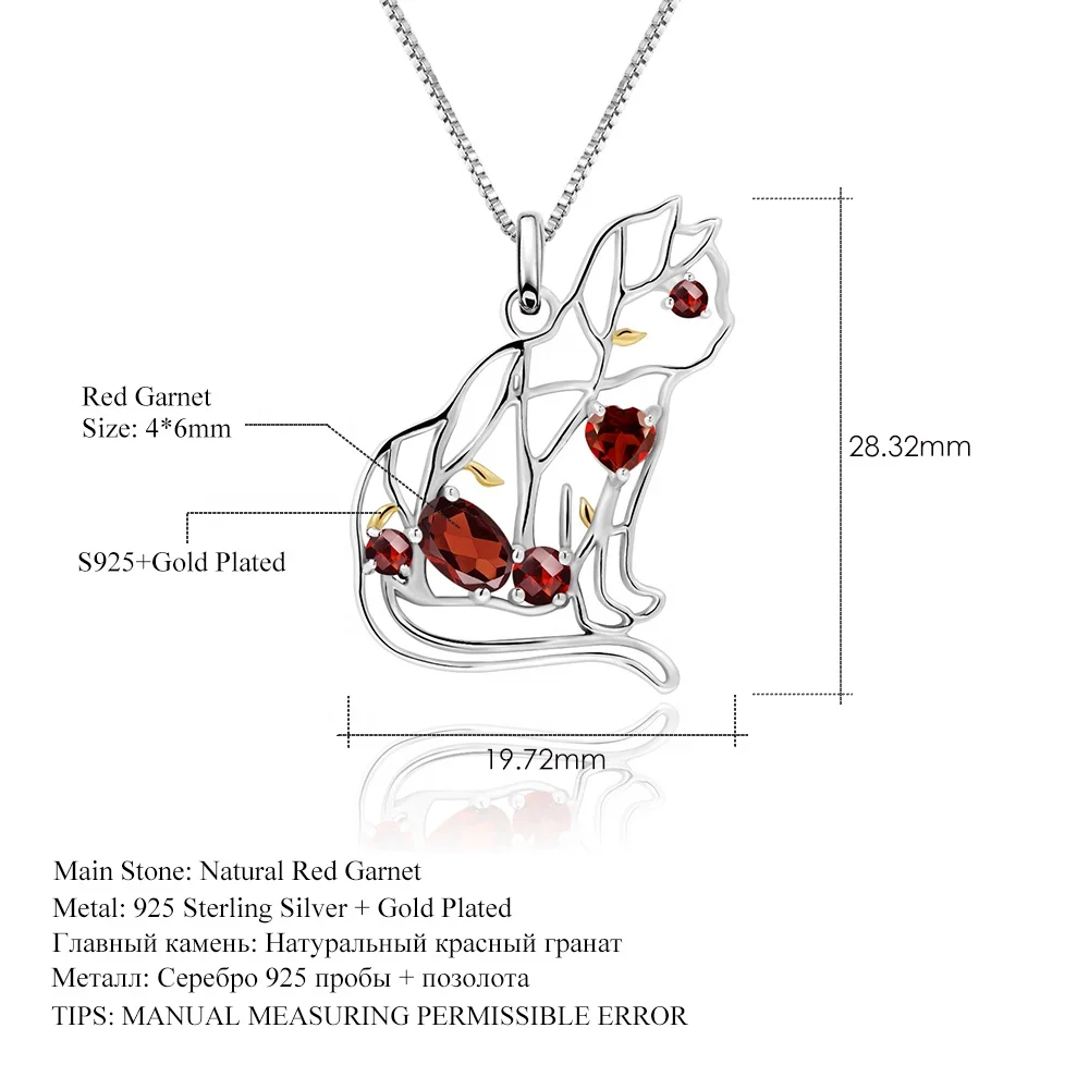 Abiding Jewelry Cat Animal Garnet Gemstone Women Handmade Fashion 925 Sterling Silver Custom Pendant Necklace