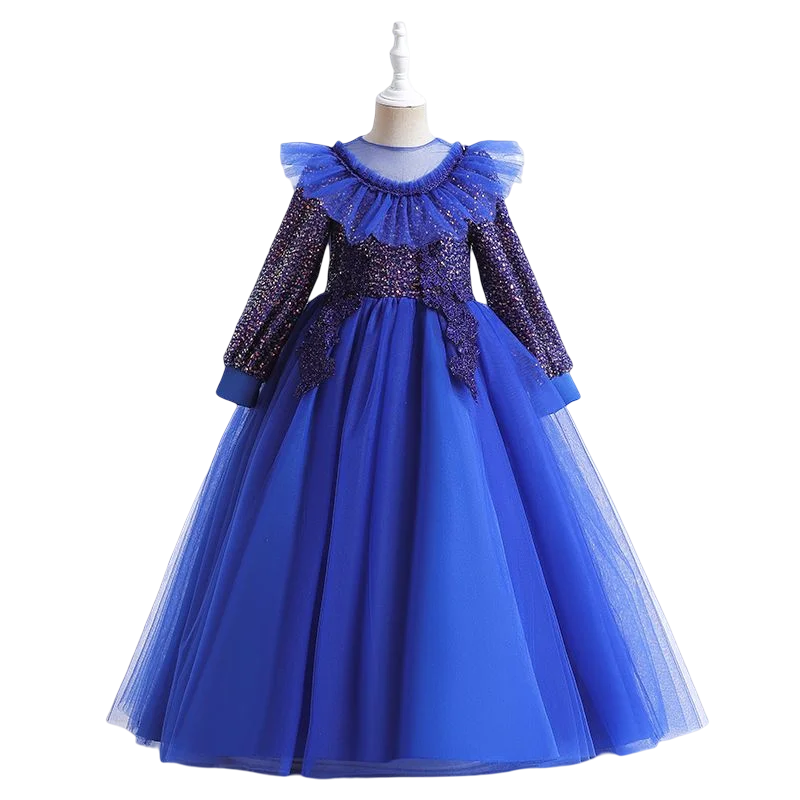 New fashion children o neck A line ball gown girl long sleeve gauze lace party dress