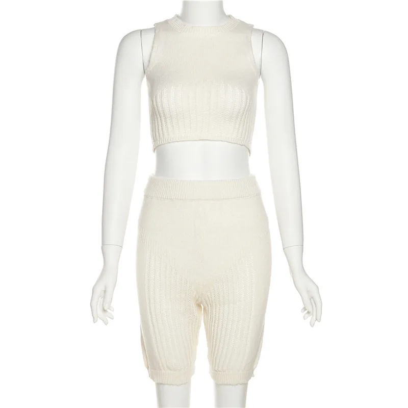 Knitted Tracksuit 2/Two Piece Set Women Tank Tops + Shorts Elastic Sporty Matching Streetwear Slim Outfit