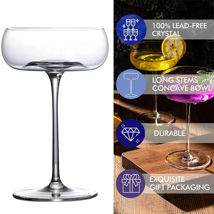 Unique Martini Glasses 8 oz Crystal Round Martini Coupe Glass Art Deco Fancy Cocktail Glasses for Pisco Sour