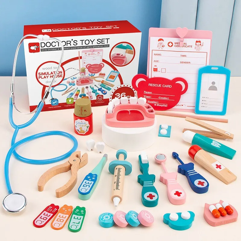 Educational Dentist Toy Wooden Mini Simulation Stethoscope Injection Game Role-playing Medical Kids Doctor Play Set Kits Toys