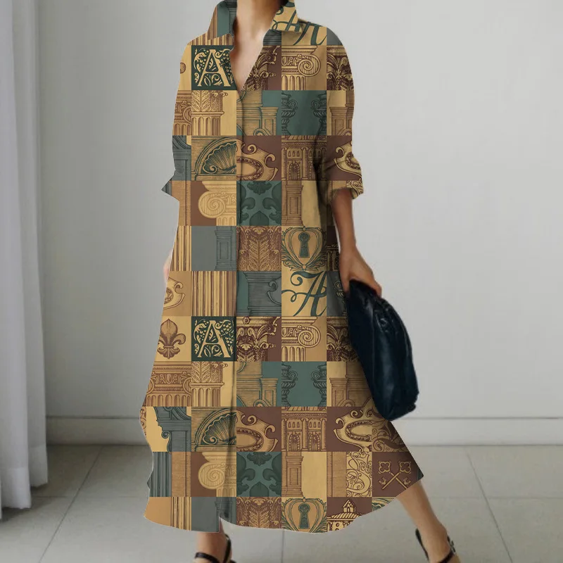 European and American retro ethnic pattern skirts. 3D digital printing. elegant temperament.  spring and autumn dresses