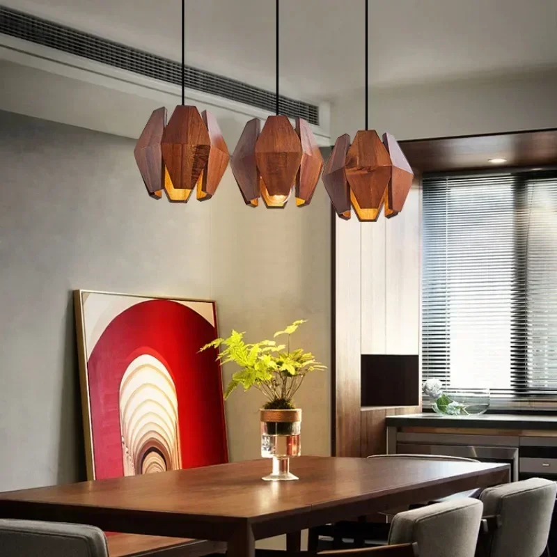 Solid Wood Chandelier Dining Room Kitchen Island Style Vintage Log Style Homestay Bar Table Decor Pendant Light