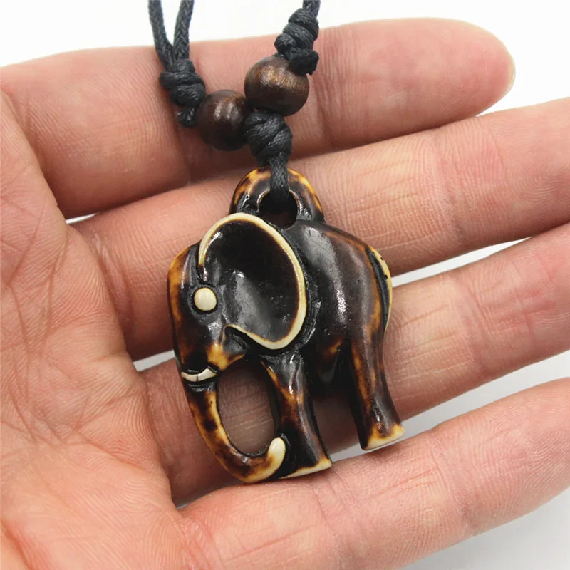 Bohemian Ethnic Style Black Rope Wooden Beads Necklace Retro African Tribal Hand Polished Brown Resin Elephant Pendant Necklace