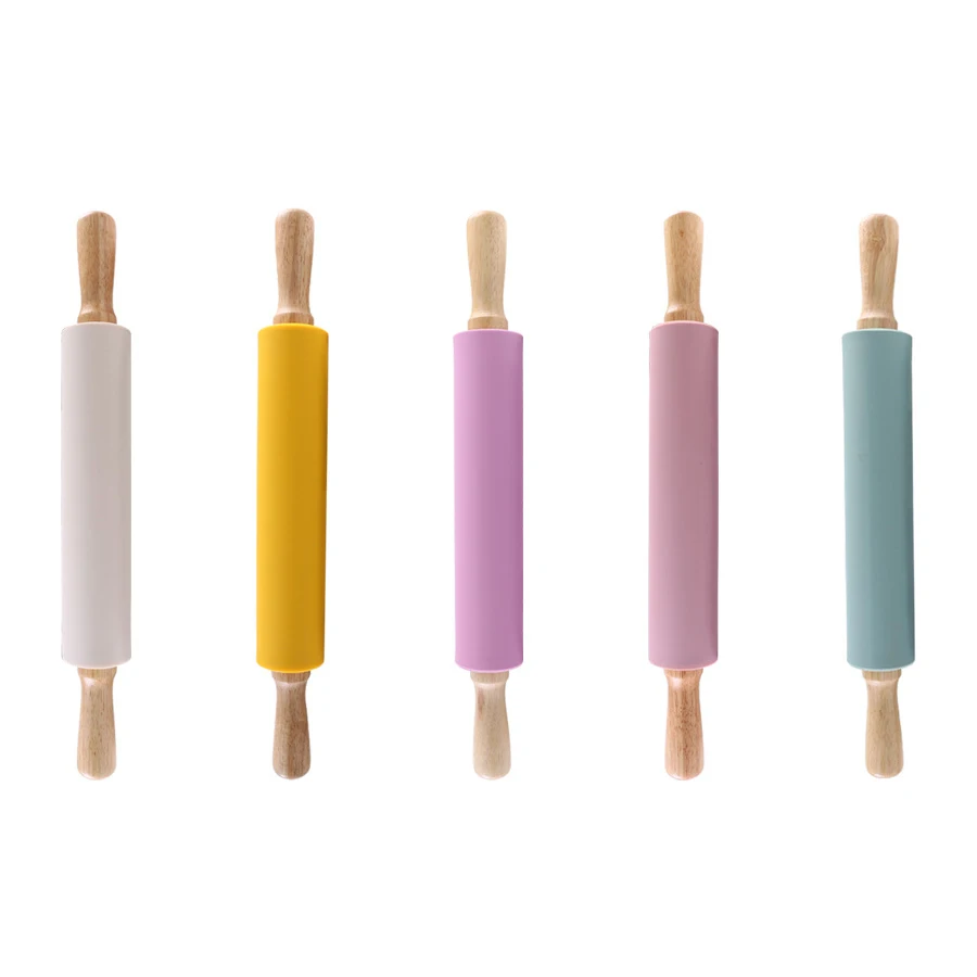 Silicone Rolling Pin for Baking Non-stick Rolling Pin Dough Roller Wooden Handle Kitchen Accessories Pastry Roller