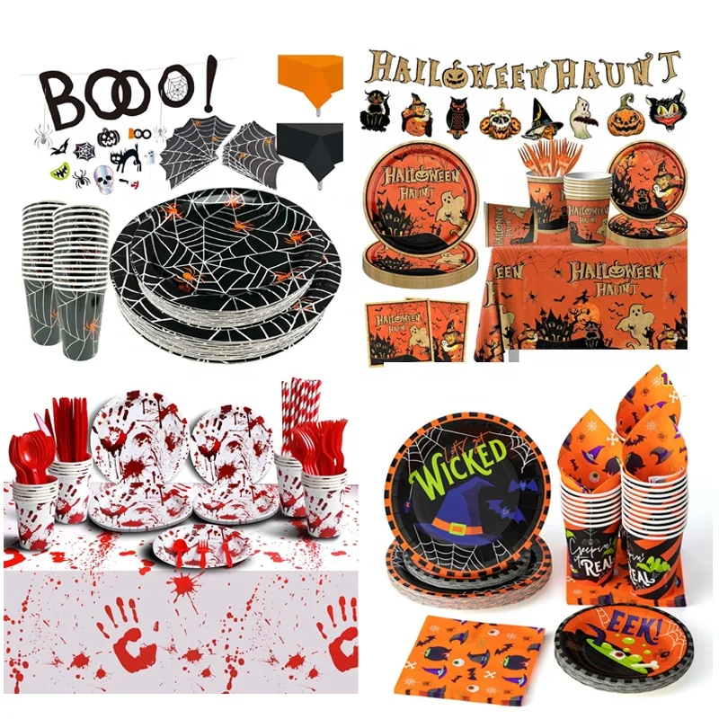 2024 маска Happy Halloween, чашка, вилка, украшение для дома, уличная вечеринка, одноразовая бумажная посуда, набор
