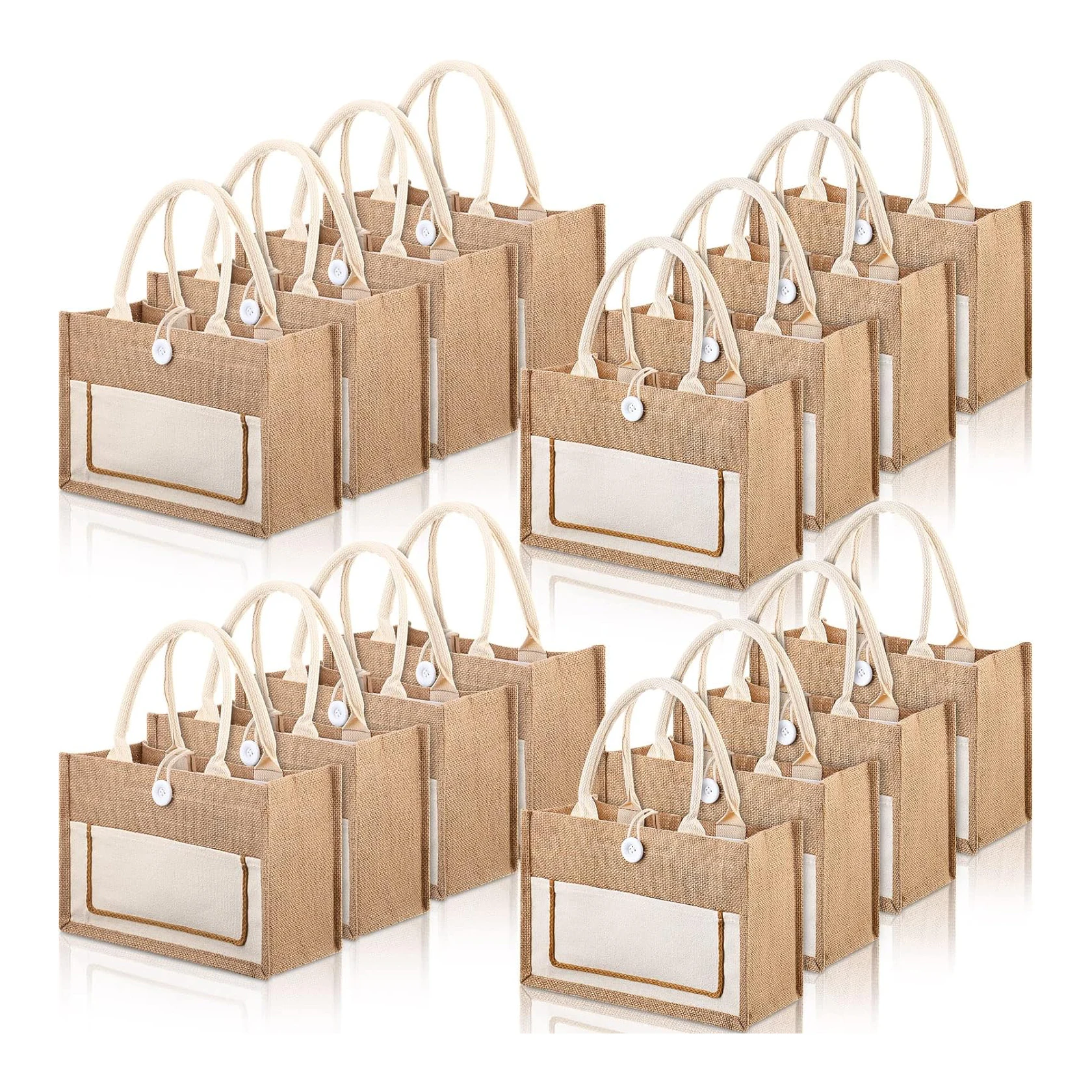 Fine workmanship Yellow natural white Front pocket Button design Wide bottom Gift wedding bridal journey jute tote bag