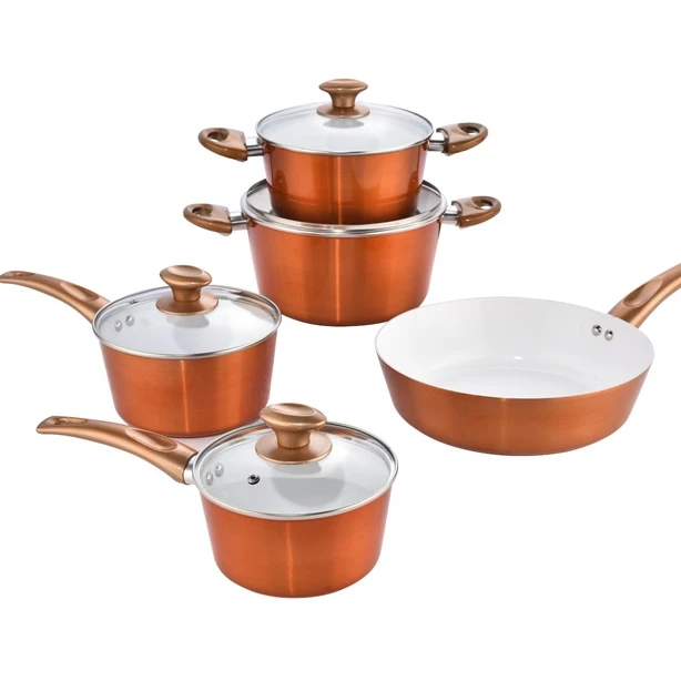New Design Aluminum Home Kitchen  Cookware 9pcs Copper Ceramic Cooking Pot And Pan Cookware Sets
