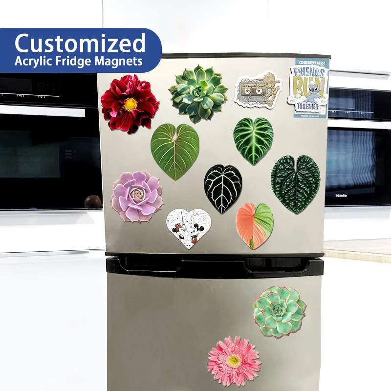 [Free Sample Custom] Anime Acrylic Fridge Sticker Transparent Plexiglass Shaped Plant Leaf Soft Magnetic Fridge Sticker