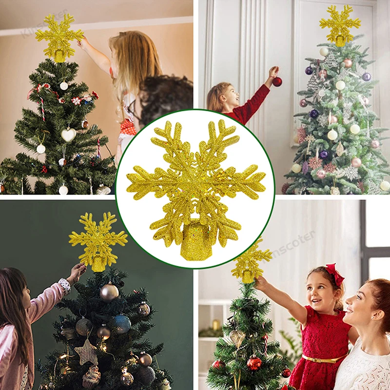 Christmas Tree Topper Rotating 3D Glitter Lighted Star Silver Snowflake Christmas LED Projector Light for Tree Top Ornament