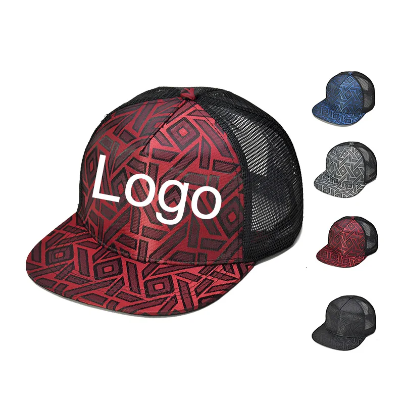 Wholesale Outdoor Sun Protection Custom Logo Flat Brim 5 Panel Mesh Trucker Hats Embroidery Polyester Hip Hop Snapback Caps