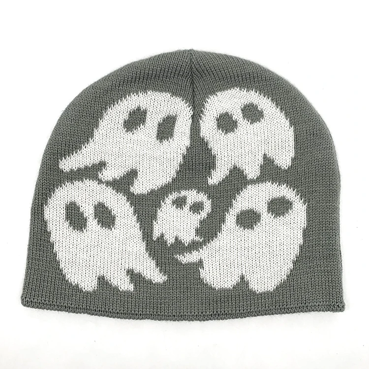 Unisex Halloween Skull Ghost Jacquard Knit Hat Beanie Winter Slouchy Toque Warmth Festive Party Caps Adults Kids Winter Gift