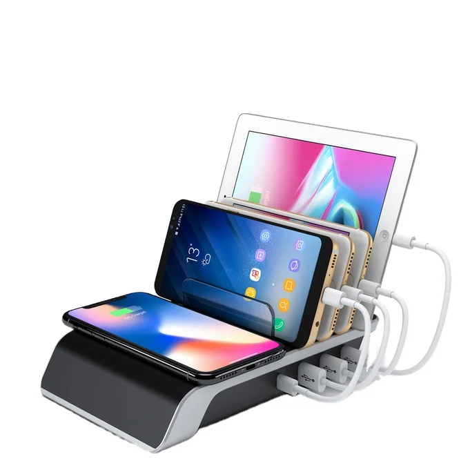 
4 USB 1Qi Mobile Phone Fast Charging Station portable 5-in-1 Multiple Phone charging Dock Stand 1for Pad Compatible all phones 