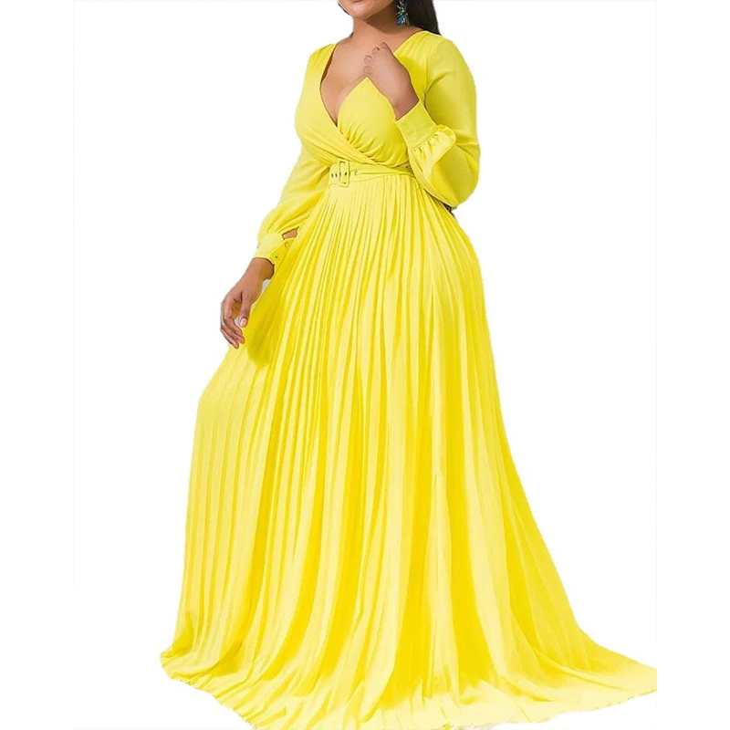 High quality high waisted slimming solid color temperament retro chiffon long sleeved dress (with belt included)