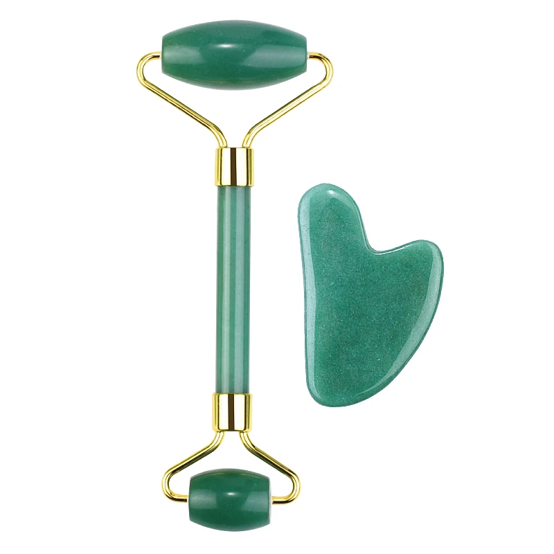 Factory direct supply natural green gua sha stone and jade facial roller set jade roller
