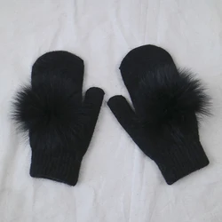 2019 Adorable Real Fur Pom Pom Knitting Gloves Handmade Cheap Wool Gloves Natural Fox Fur Balls
