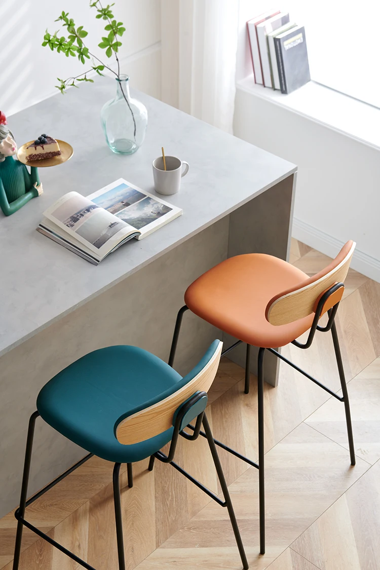 Counter Height Tall Luxury High White Black Nordic Kitchen Modern Cheap leather Bar Stool With Powder Coated Iron Metal Legs