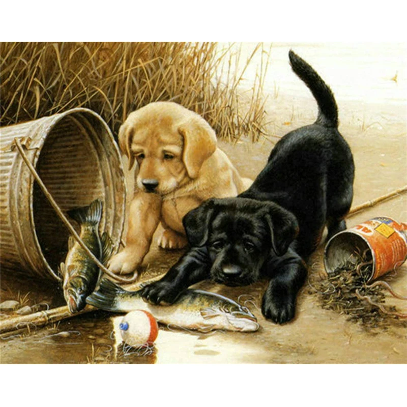 
Full Drill Diy Diamond Painting The Naughty Dogs Knocked Over The Bait And Bucket Diamond Embroidery Cross Stitch 