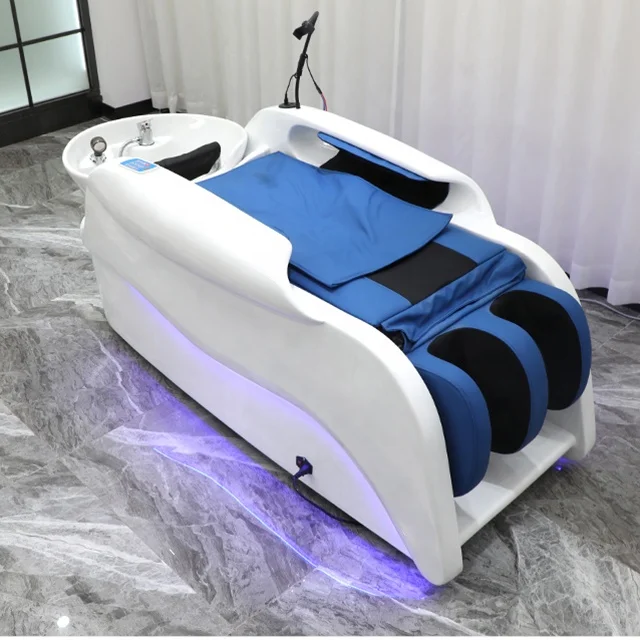 Light Blue PU Wear-Resistant Leather Comfort Massage Electric Reclining Backwash Shampoo Unit Shampoo Chair