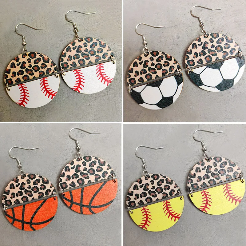 Hot Sports Leopard Print Earrings Double Half Round Baseball Football Basketball Volleyball Pendant Earrings Jewelry