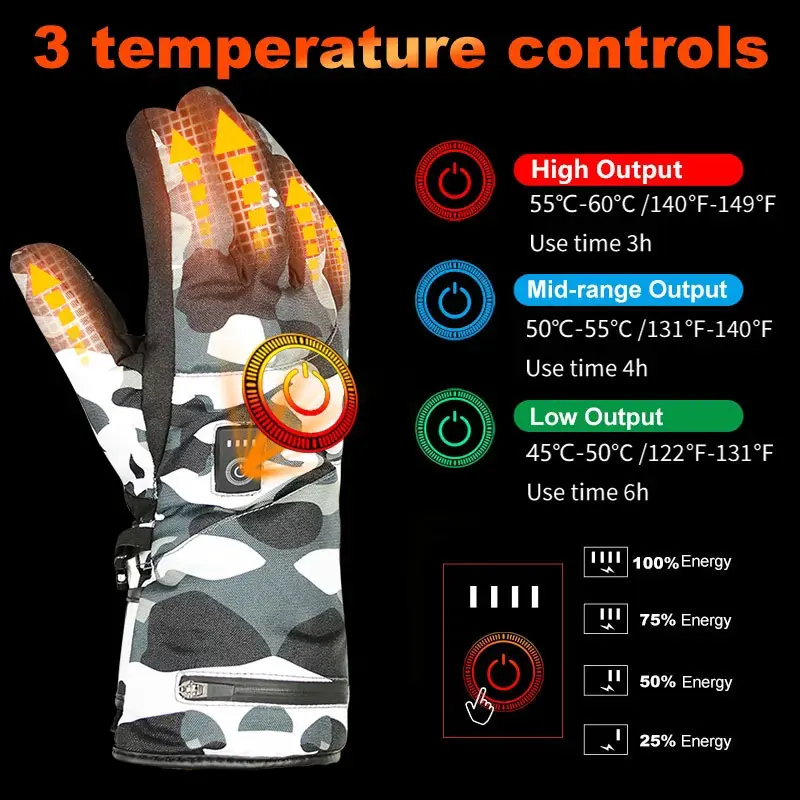 Hot Selling Rechargeable Heat gloves Snowboard Touch Screen Battery Heat Winter Waterproof camouflage Heated Gloves