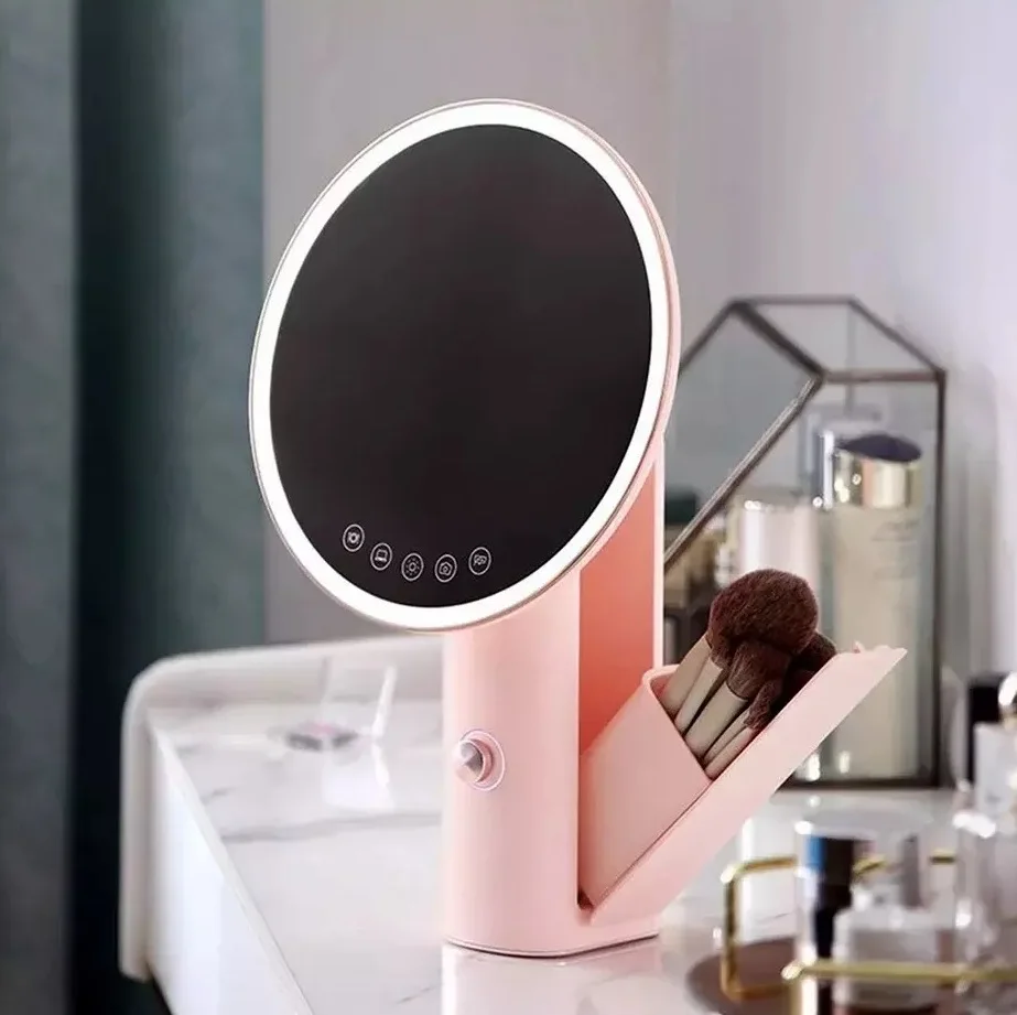 Multifunctional Anti-fog Sterilization Cosmetic Storage Make up Organizer Vanity Mirror with Led Chrome Round Ring Led Lights