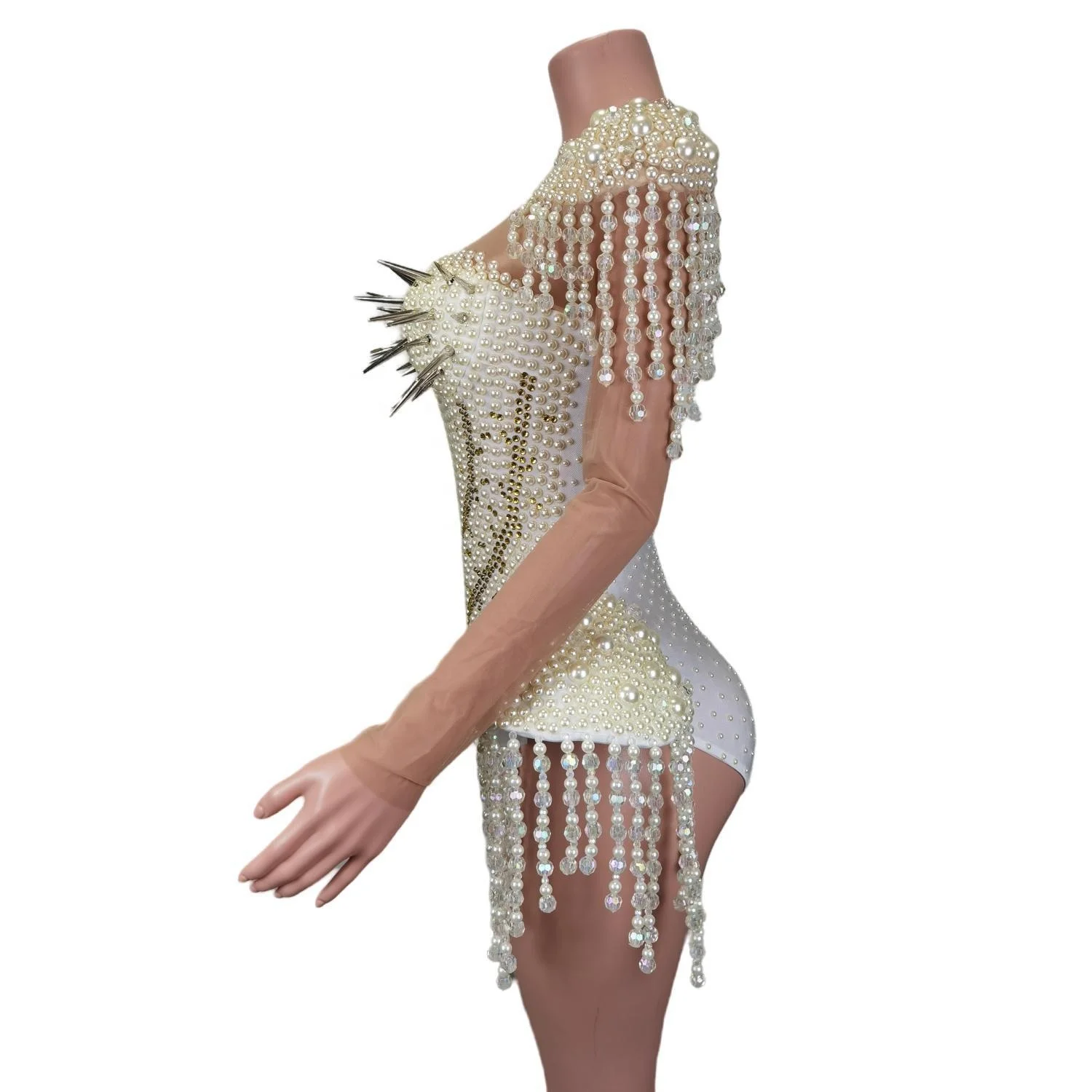 Luxury Fringes Rivets Pearls Rhinestone Jumpsuit Festival Outfit Show Stage Performance Wear Club Rompers Women Sexy Bodysuits