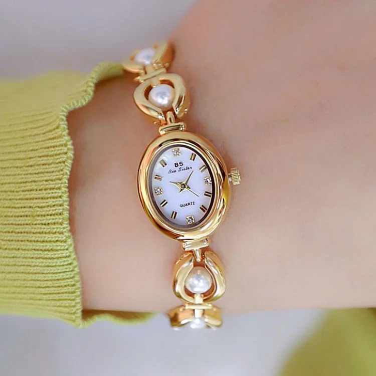 BS FA1685 New Fashion High Quality luxury Simple Girls Pearl Bracelet Quartz Watch Silver Gold Unique Oval Shape Ladies Wa
