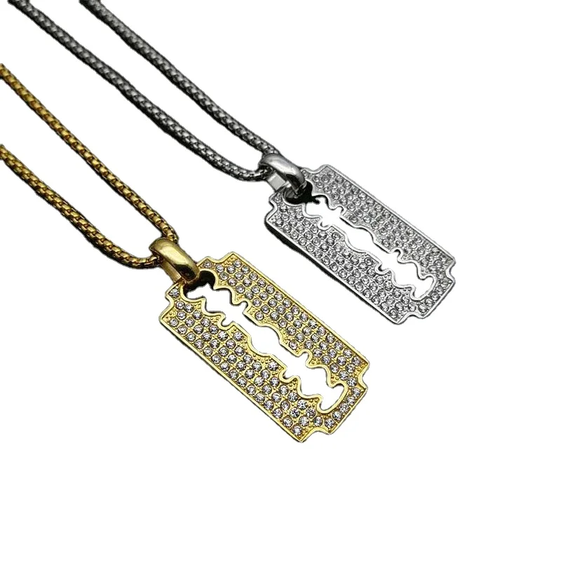 Hop Blade Necklace for Men Iced Out Zircon Pendant Stainless Steel Pave Setting Jewelry