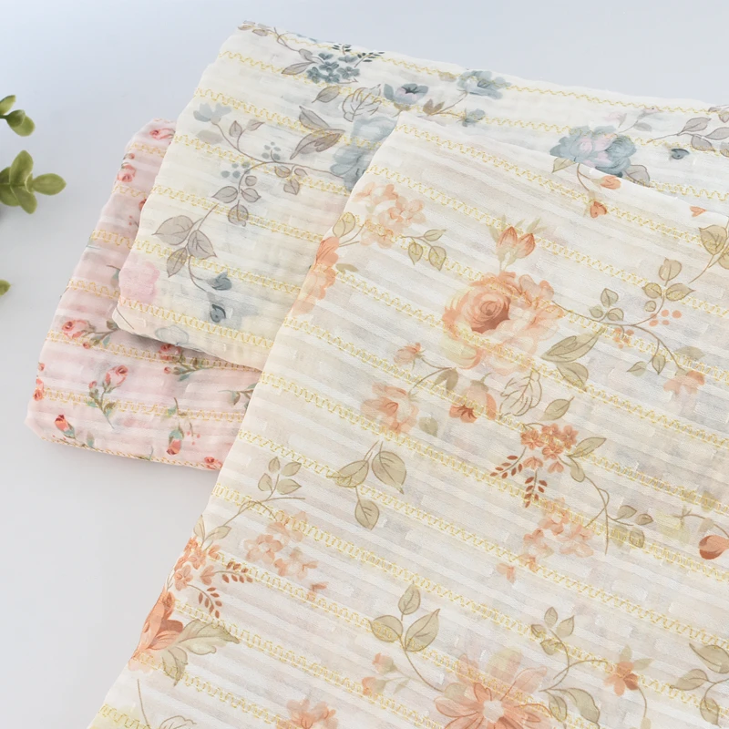 New vintage rose print embroidered stripe chiffon fabric pleated jacquard crepe chiffon fabric with printed flowers