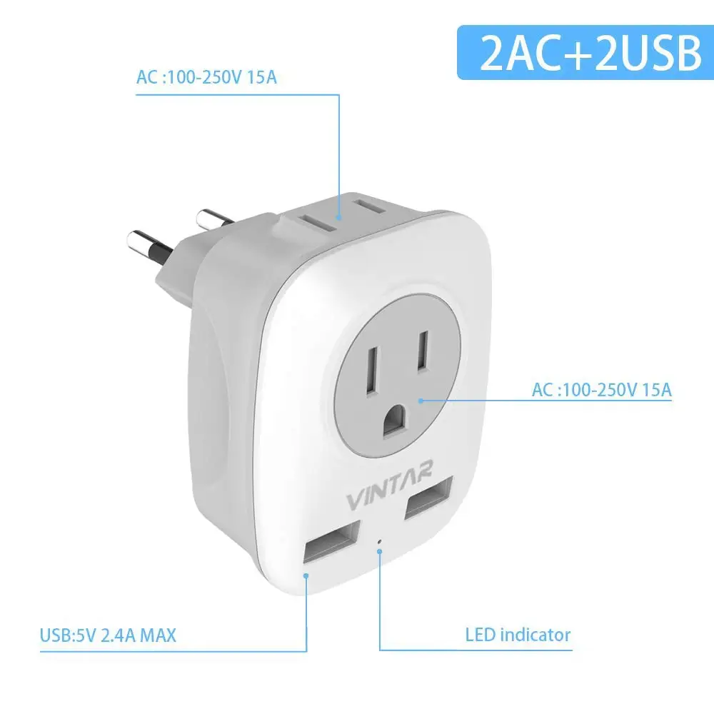 VINTAR Travel Power Adapter Plug Socket US to European Travel Adapters with 2 USB Ports